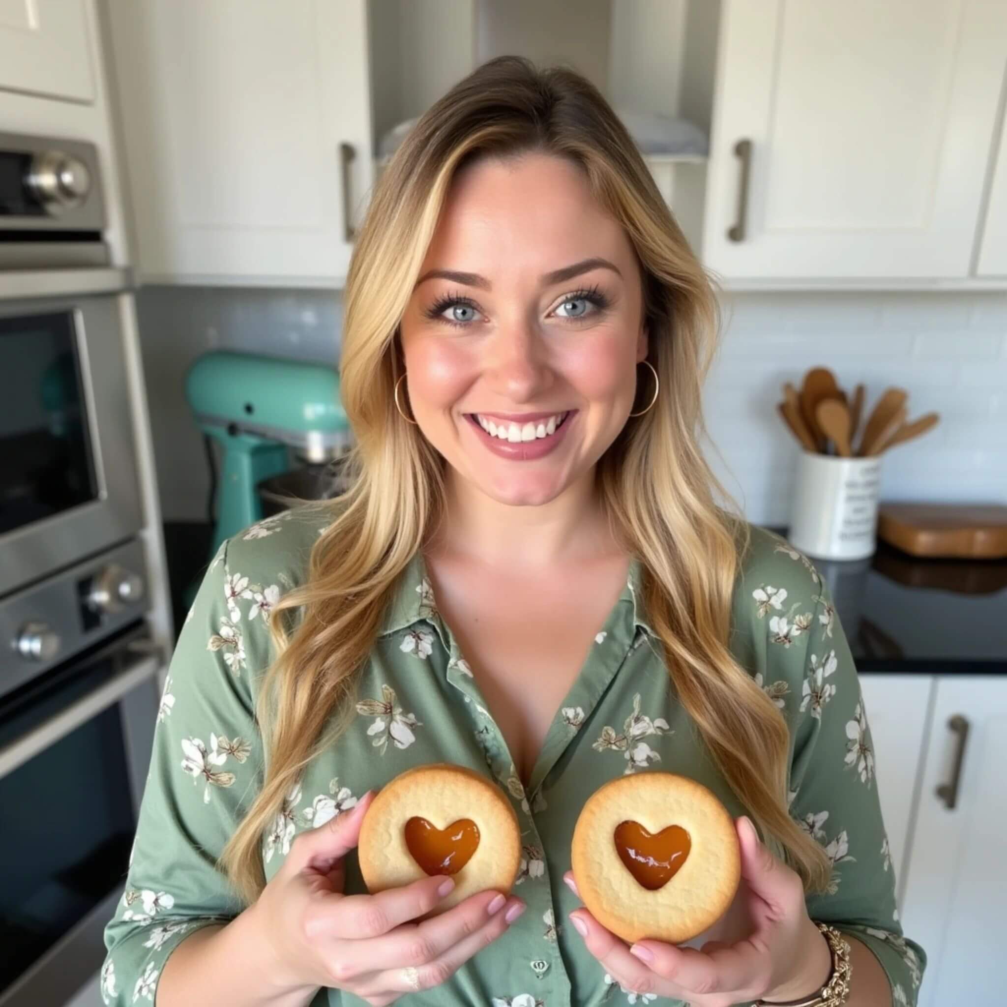 A joyful woman with long blonde hair and bright blue eyes, wearing a green floral blouse and gold hoop earrings. She has a warm smile and is holding two heart-filled cookies, one in each hand, as she poses for the camera. In a modern kitchen with white cabinets, stainless steel appliances, and a sleek black countertop, she stands surrounded by cheerful kitchen details like a teal stand mixer and a white jar. The lighting is bright, giving the scene a welcoming, happy vibe with a soft focus on the background."